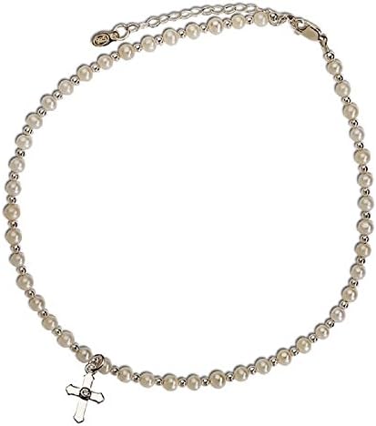 Girls Necklace, Imitation Pearl Cross Necklace, Beaded Necklace with Delicate Silver Cross.
