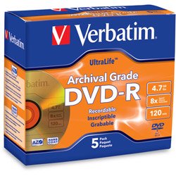 Verbatim 96320 4.7GB 8X Archival Grade DVD-R Jewel Case-5 Pack