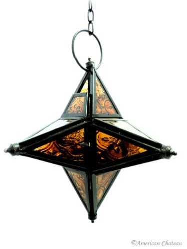 7 Amber Glass Bronze Candle Lantern