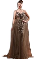 Spaghetti Strap Draped Fitted Tulle Prom Dress  with a Brush/Sweep Train 