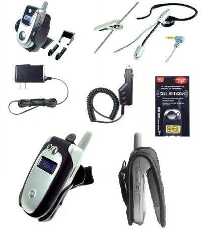 ALL Accessories Package for Motorola V557 / V551 / V555 / V330 Phone (Includes: Car Charger, Travel Charger, Leather Case, Swivel Belt Clip Holster, Boom Mic Headset, Antenna Booster, & Car Mount Holder)