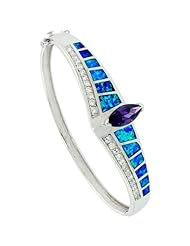 Sterling Silver Bangle Bracelet Synthetic Opal Inlay w/ Marquise Cut Amethyst Color & Brilliant Cut Clear CZ Stones 1/2 inch (12 mm) wide,