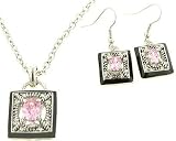 Pink Crystal Square Pendant Necklace and Earrings Set