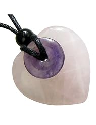 Double Lucky Rose Quartz and Amethyst Heart Amulet Necklace