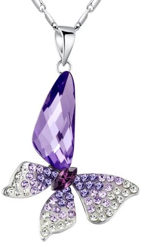Stylized Butterfly Wing Drop Austrian Crystal Pendant Necklace (Purple)