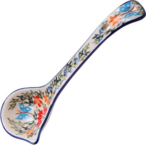 Polish Pottery Ceramika Boleslawiec,  1025/238, Ladle Small, 2 1/2 by 7 Inches long - Capacity of 3 Teaspoons, Royal Blue Patterns with Red Cornflower and Blue Butterflies Motif