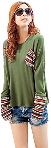 MEYKISS Womens One Size Splicing Long Sleeve Sleeved Loose T-shirt Army green