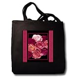 IMAGE OF Dreamy hues of red peach pink roses with red damask ribbon trim - Black Tote Bag JUMBO 20w X 15h X 5d