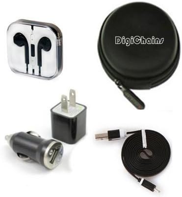 DigiChains 5-in-1 Earphone/cable Hard Case/Bag + earphone + Wall Charger + Car Charger+ 2M Length USB Sync Data / Charging White Cable for iPhone 5 / 5C / 5S iPad Mini iPod Touch 5th Gen