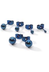 5 Pairs of Stainless Steel Round Ball Stud Earrings Blue Color, Includes One Pair Each 2,3,4,5 & 6mm