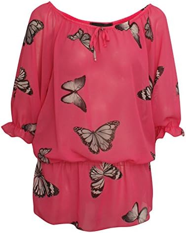 Ladies Women's Plus Size Butterfly Print Off Shoulder Sheer Baggy Top Tee 14-28 (16, FUSCHIA )
