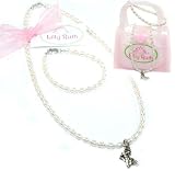 4161pTsulYL. SL160  Ruth Lilly Beautiful Girls Handmade 925 Sterling Silver Ballet Slippers rCharm the collar and matching bracelet set on freshwater pearls Comes in Fancy Gift Bag, Big Girl Set