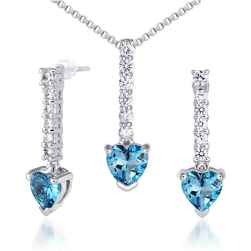 Debonair Style 2.75 carats Heart Shape London Blue Topaz Pendant Earrings Set in Sterling Silver.