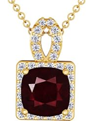 14K Yellow Gold Cushion Cut Ruby And Round Diamond Pendant