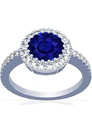 14K White Gold Round Cut Blue Sapphire Ring With Sidestones