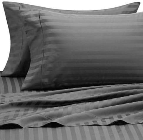 4 pc SHEET SET Set CAL-KING Bed Hotel Collection CHARCOAL GREY Damask Stipe Polyester Fabric 200 Thread Count