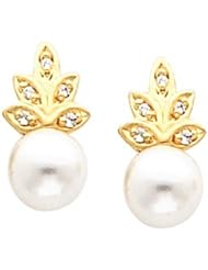 Pair of 18K Yellow Gold Pearl and Diamond Earrings -- LIFETIME WARRANTY