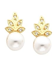 Pair of 14K Yellow Gold Pearl and Diamond Earrings -- LIFETIME WARRANTY
