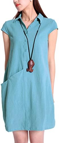 Misslin Women's Summer Stylish Cotton Materials Loose Short Sleeve Solid Dress Water Blue XL/US 2-4 bust:33.1"
