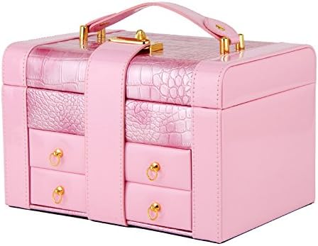 YOYO jewelry three-layer jewelry box glossy leather jewellery organizer with lock and mirror Pink