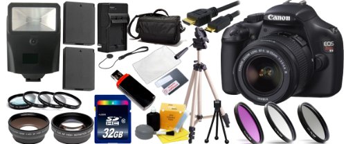 Canon EOS Rebel T3 (1100d) SLR Digital Camera w/ Canon 18-55mm Lens + 2 Extra Lens + Close Up Kit + 2 Batteries and charger + Hdmi Cable + 32GB SDHC Class 10 Memory Card + Soft Carrying Cases + Tripod & Much More!