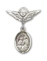 Sterling Silver Baby Badge with Sts. Cosmas & Damian Charm and Angel with Wings Badge Pin