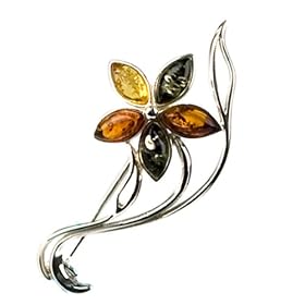Multicolor Amber and Sterling Silver Flower Pin