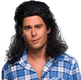 Adult Halloween Costume Wigs Mens Black Permed Curly 1980s 80s Mullet Hillbilly Redneck 1980s Party Wig