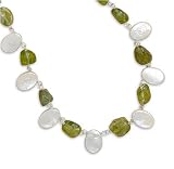 Cultured Freshwater Coin Pearls, Multishape and Size Peridot Stones and Sterling Silver Necklace