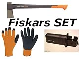 Fiskars Spaltaxt X25 + Schärfer + Handschuhe