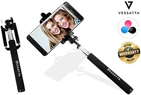 VESSATTA © Selfie Stick for iPhone &amp; Samsung Smart Phones - Requires no charge, strudy with photo button on handle (extends 3.5 feet) Compact folding size - Multiple Colors (Black)