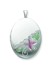 Sterling Silver 20mm Enameled Flower Oval Locket.
