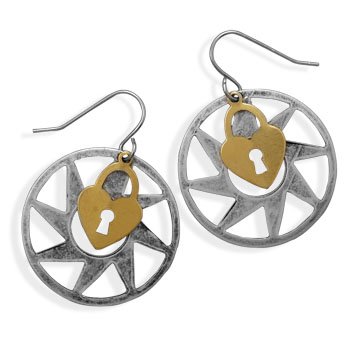 Genuine Elegante (TM) Base Metal Silver Tone Gear and Gold Tone Heart Lock Fashion Earrings. 100% Satisfaction Guaranteed.
