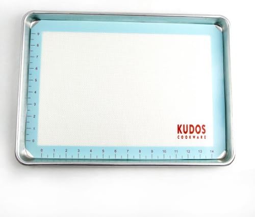 Kudos Premium Nonstick Silicone Baking Mat Set. Compare to Silpat. LIFETIME GUARANTEE. Recipe eBook, Gift Bag. 11 5/8 X 16 1/2 inches Fits Half Sheet Perfectly. FDA Certified.