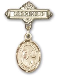 14K Gold Baby Badge with Our Lady Star of the Sea Charm and Godchild Badge Pin