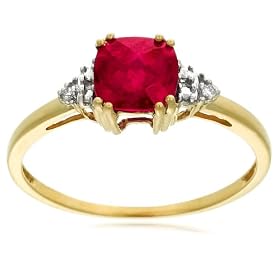 10k Yellow Gold, July Birthstone, Created-Ruby and Diamond Ring, Size 7 by
