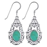 Reconstituted Turquoise Filigree .925 Silver Oval French Hook Dangle Earrings