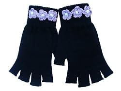 Embellished Fingerless Lightweight Gloves - Lilac Crocheted Flowers (Teens/wo...