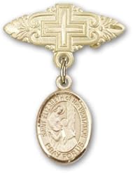 14K Gold Baby Badge with St. Elizabeth of the Visitation Charm and Badge Pin with Cross