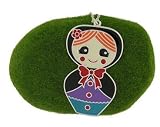 Lavishy Colorful Russian Babushka Doll with Black Bonnet Enamel Charm Necklace on Long 30 Beaded/Ball Chain Matte Silver Tone
