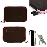 Brown with Pink Trim Smart Aero Protection Design Slim Soft Suede Cover Carrying Sleeve Case with Extra Accessory Back Pocket for Amazon Kindle Touch (Wi-Fi, 6 E ink Display) + a Pocket 2 Way Tablet Stand
