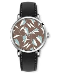 SPRAWL Aanalog Fashion Series Silver Ladies Watches of Genuine Black Leather Strap,Unique Wrist Watch for Women Girls Designed with Petals on coffee background