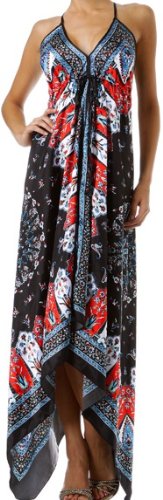Womens Sundresses Silk Feel Handkerchief Hem Criss Cross Back Adjustable Maxi