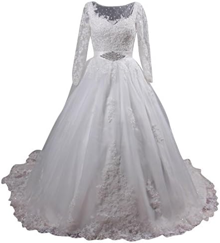 Women's Scoop Neckline Long Sleeve Sequins Lace Wedding Dress Ivory 2X