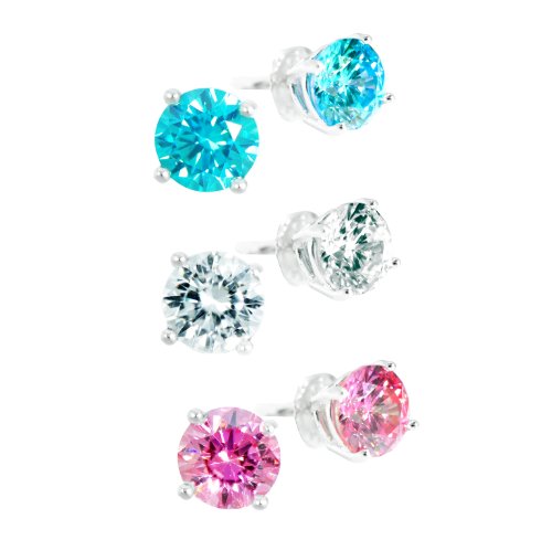 Sterling Silver Swarovski Zirconia Round Trio Earrings Set (4mm)