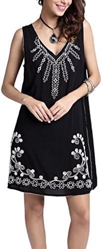 FANOVI Women's Sleeveless Bohemian Embroidered Mexican Peasant Mini Dress Black