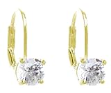 18kt Gold Over Sterling Silver Lever Back Earrings W/ Clear Round CZ 5.2MM - Classic Look