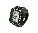 Black Enamel Rhinestone Accented Watch Stretch Ring
