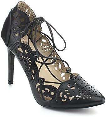 BOLARO SH1646 Women's Closed Toe Hollow-out Lace Up Stiletto Pumps, Color:BLACK, Size:8