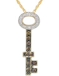 Sterling Silver Brown and White Diamond Key Pendant Necklace , (1/4 cttw) 18"